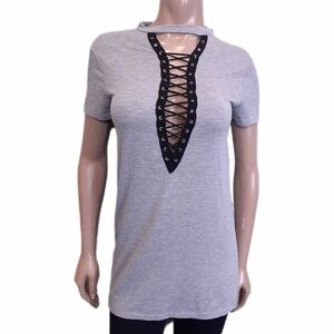 💠INFINITE PERFORMANCE Lace Up Sporty Tshirt Fitted Tunic Choker Neck Heathered